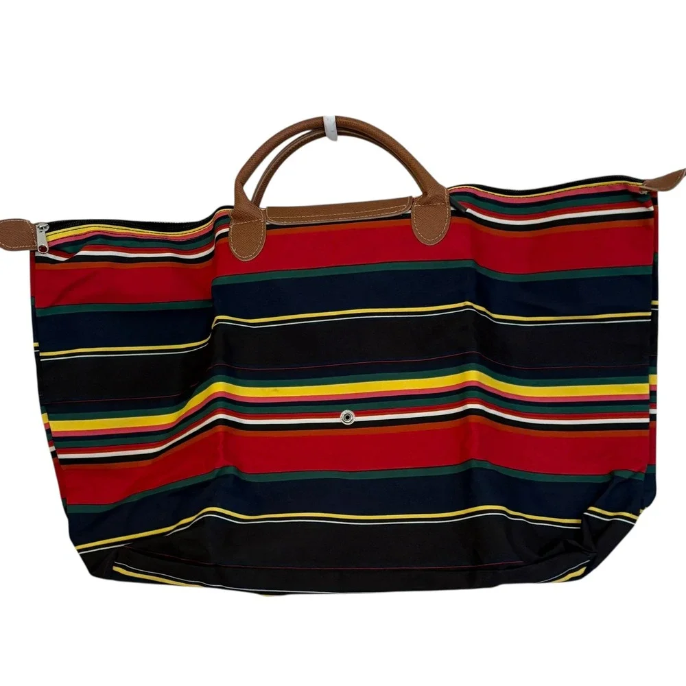 Foldable Travel Large Tote Bag Colorful‎ Striped Nylon Leather Trim